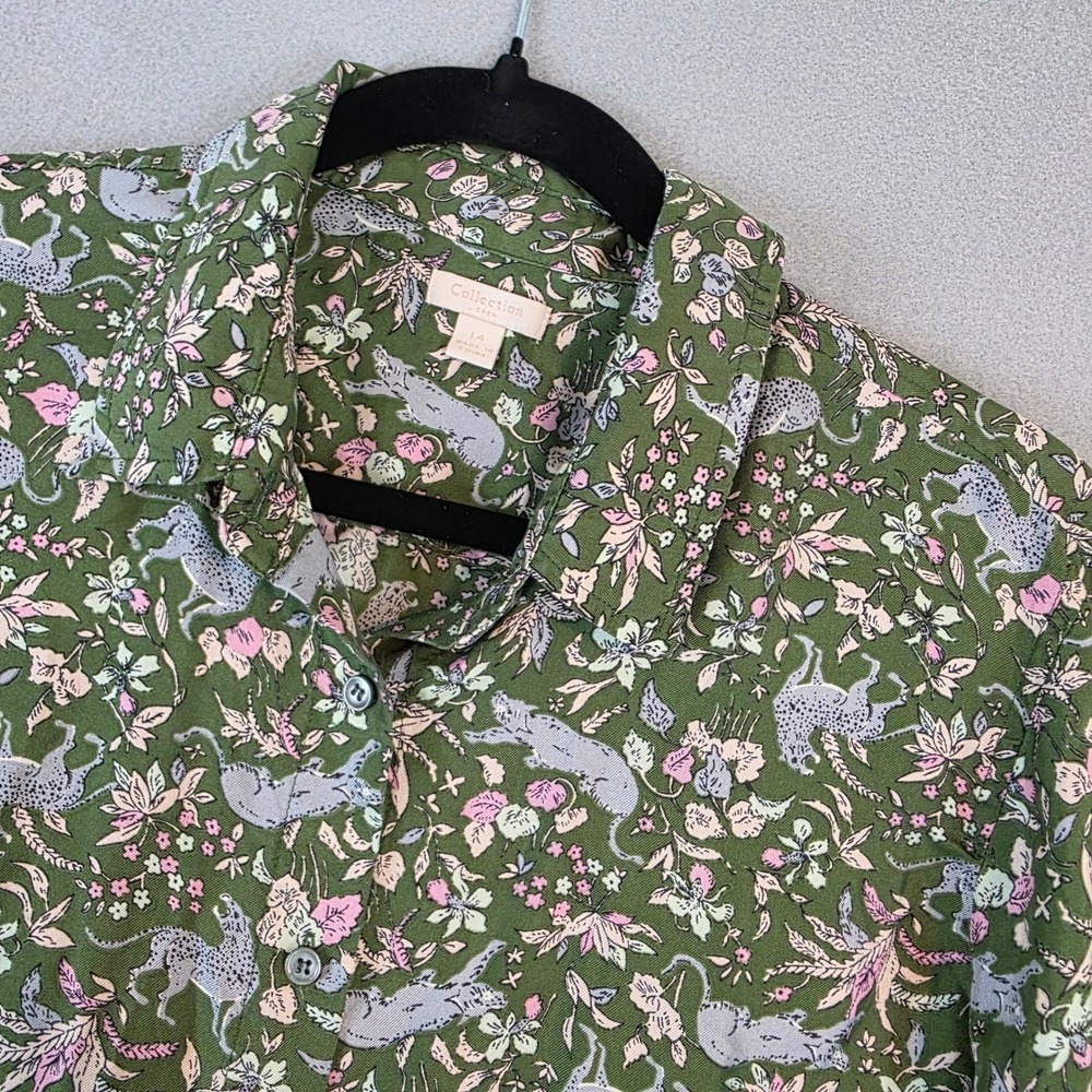 J.Crew Collection Silk Button Down Shirt Green Floral Leopard Print Size 14